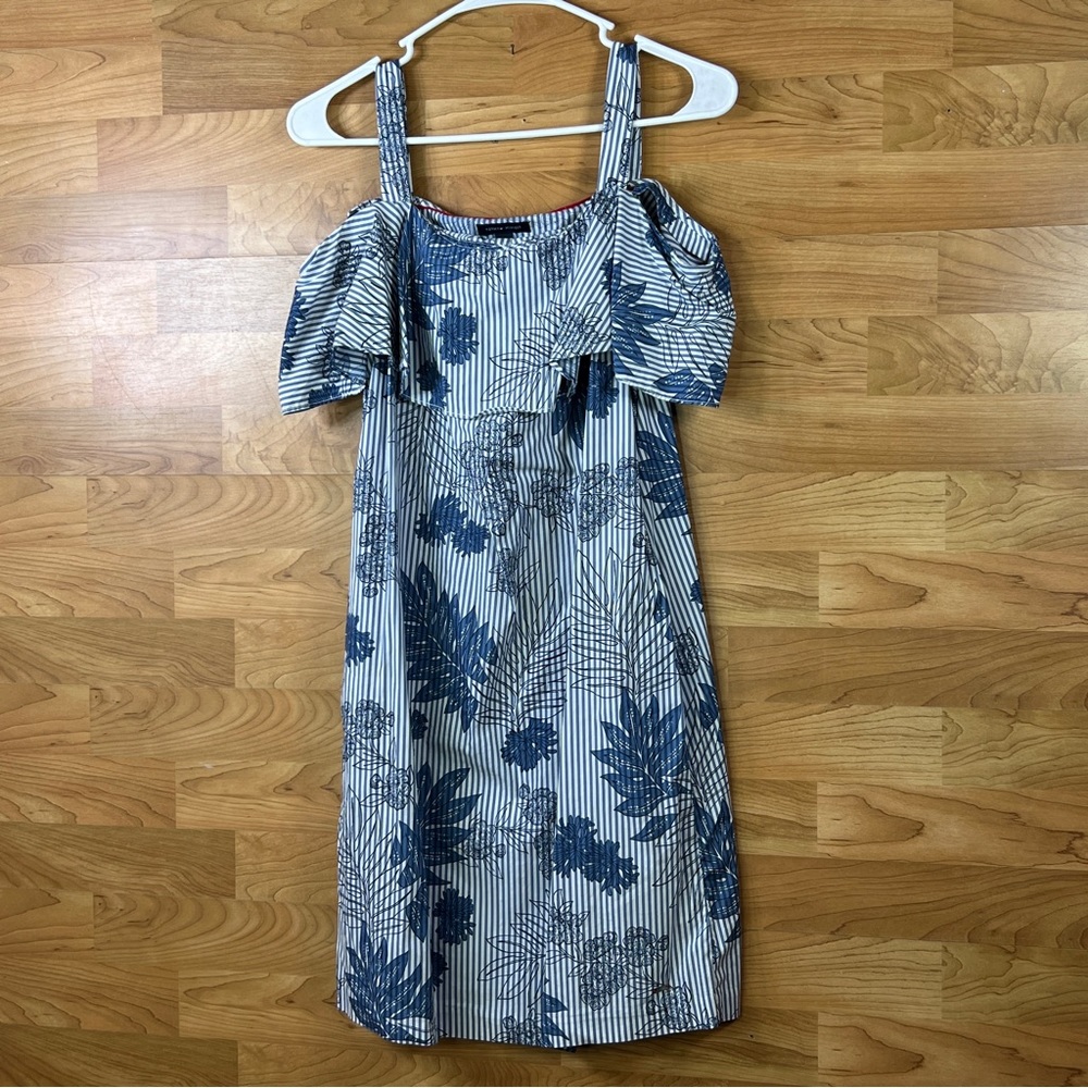 Tommy Hilfiger Size Small Navy Blue & White Floral & Stripe Dress